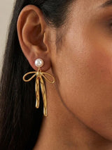 Gold Bow Ribbon Earrings with Elegant Pearl Studs - Doulaat