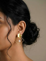 Golden Cross Frame Pearl Drop Earrings