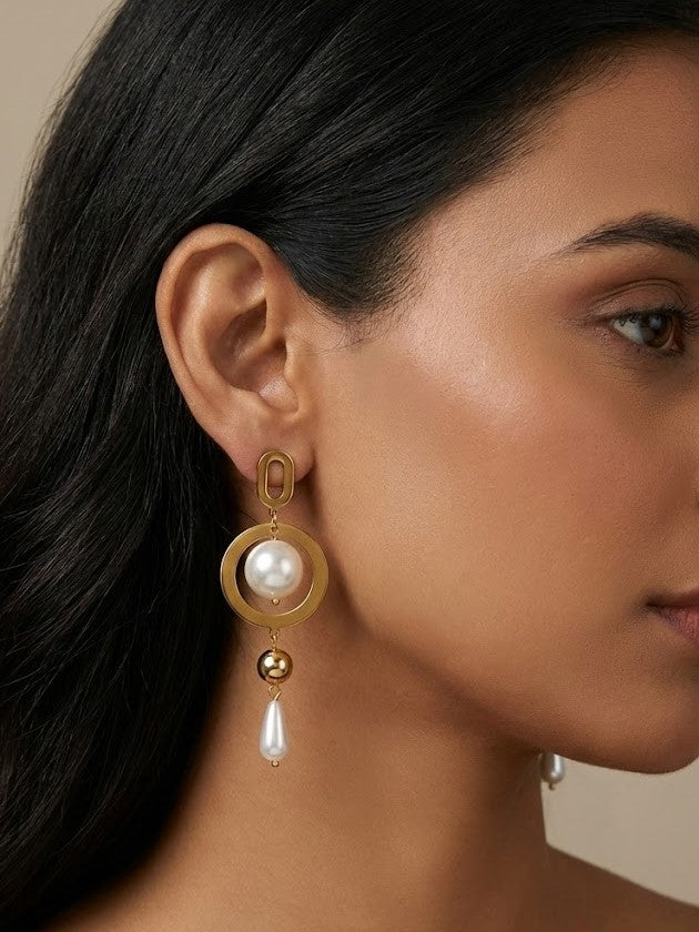 Radiant Regal Pearl Drop Earrings in Soft Gold Finish