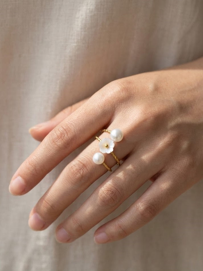 Gold Pearl Wrap Ring with Soft Flower Detail