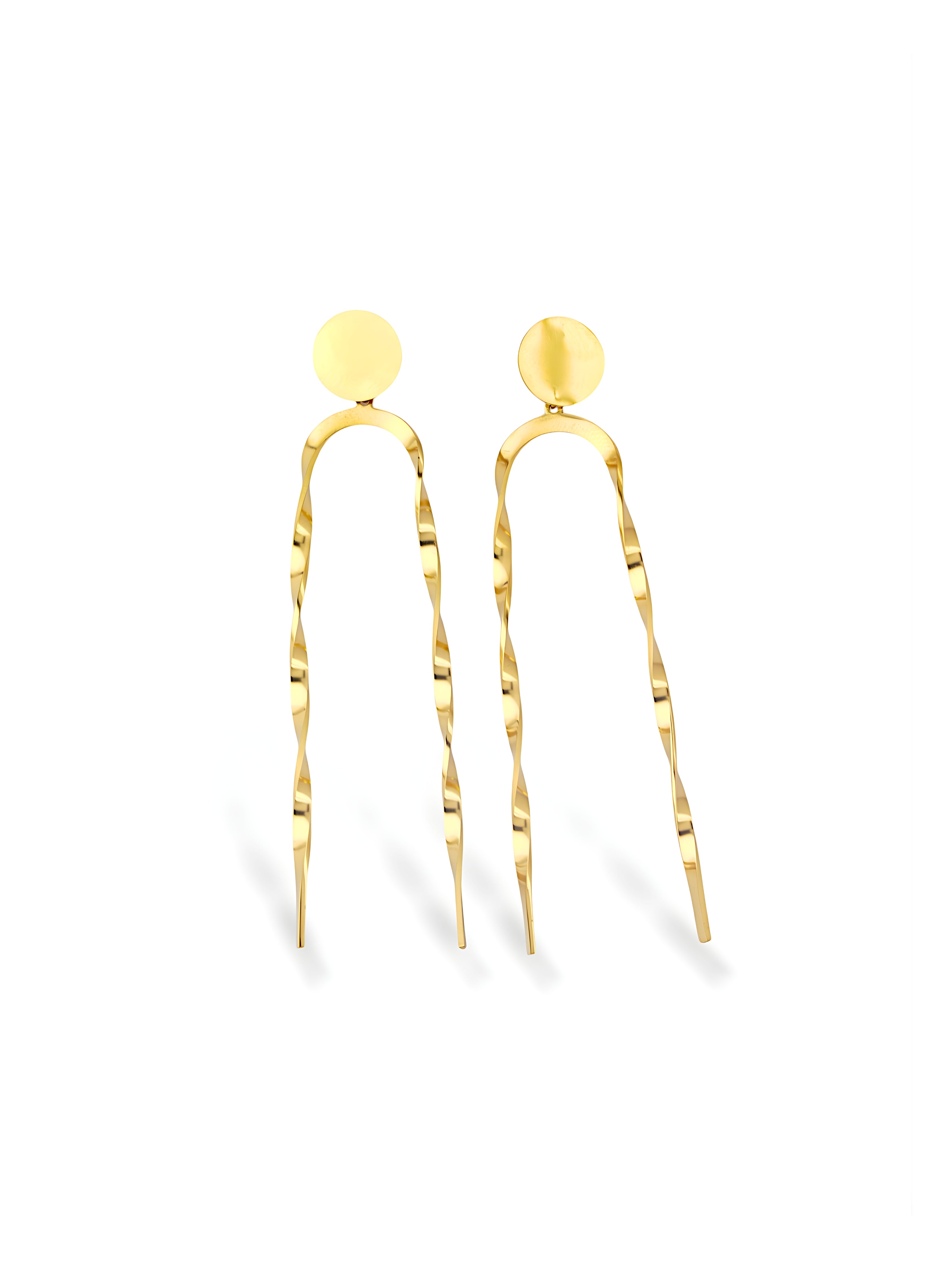 Long Gold Wave Drop Stud Earrings with Soft Flow Shape
