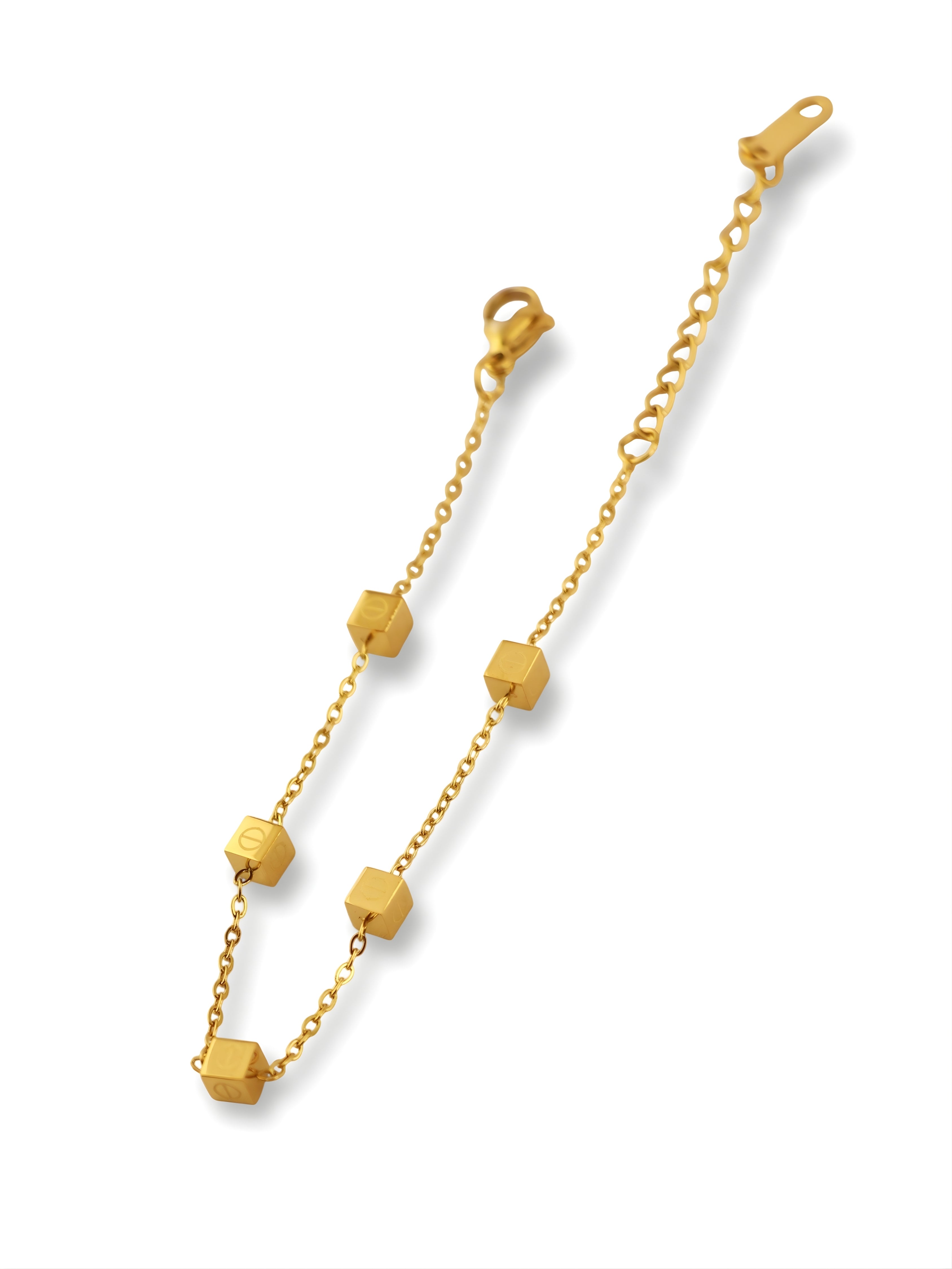 Minimal Gold Cube Chain Bracelet with Modern Charm