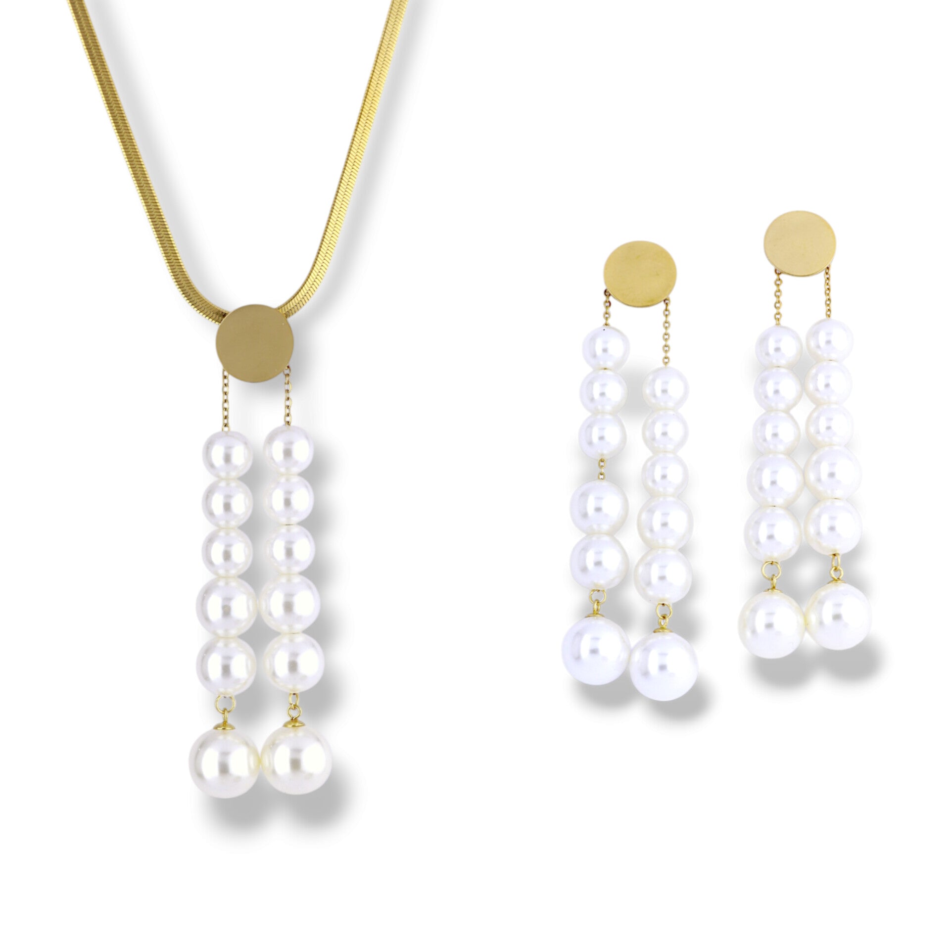 Elegant Gold Crystal Pearl Drop Necklace and Earring Set