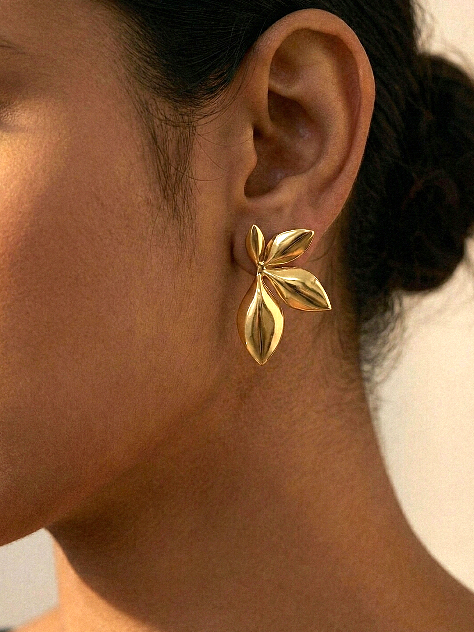 Silver Triple Leaf Stud Earrings with Polished Finish