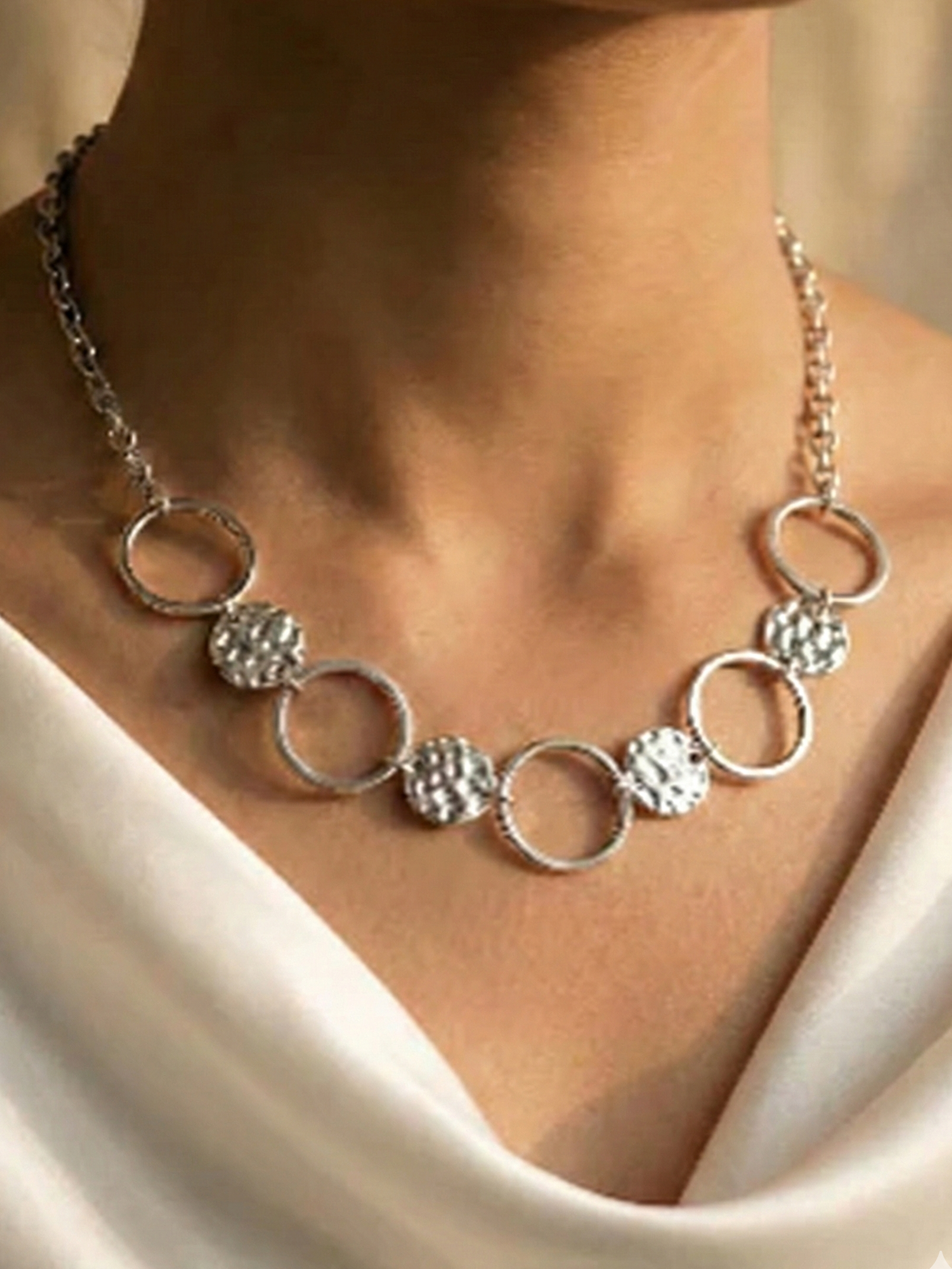 Gold Sunburst Textured Disc & Ring Link Necklace