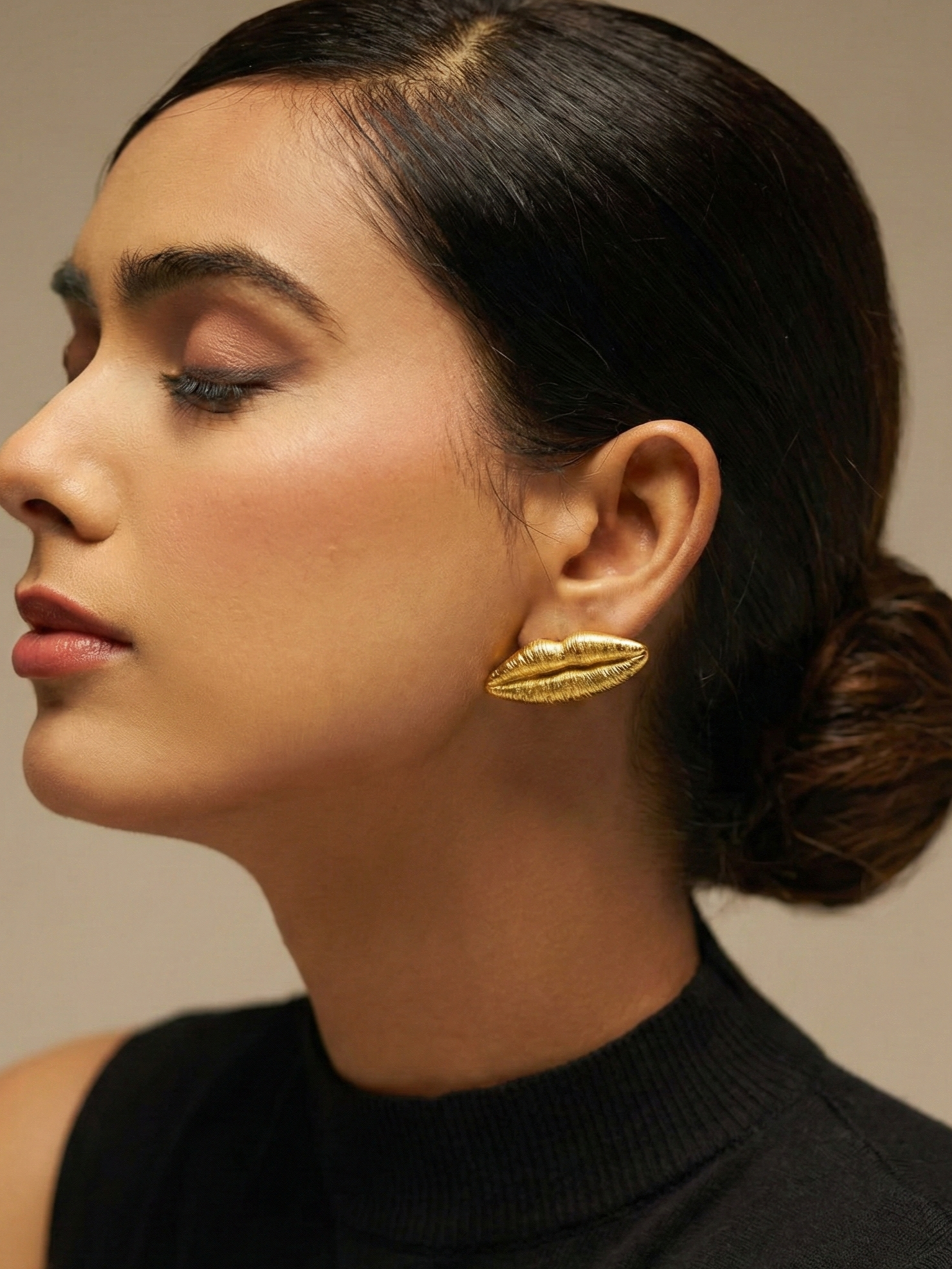 Muse Lip Gold Stud Earrings with Bold Textured Finish