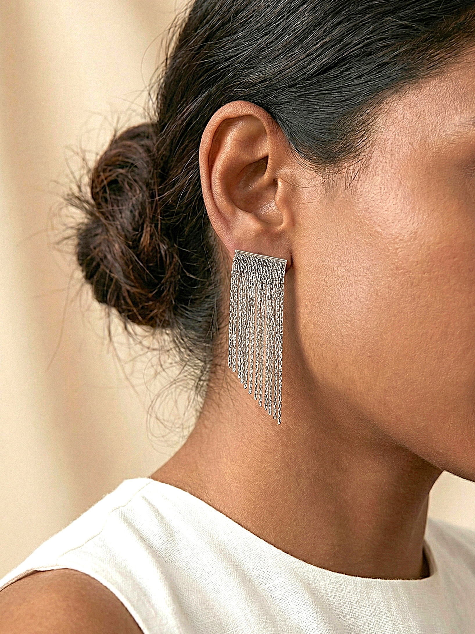Silver Fringe Drop Earrings with Textured Flow Design