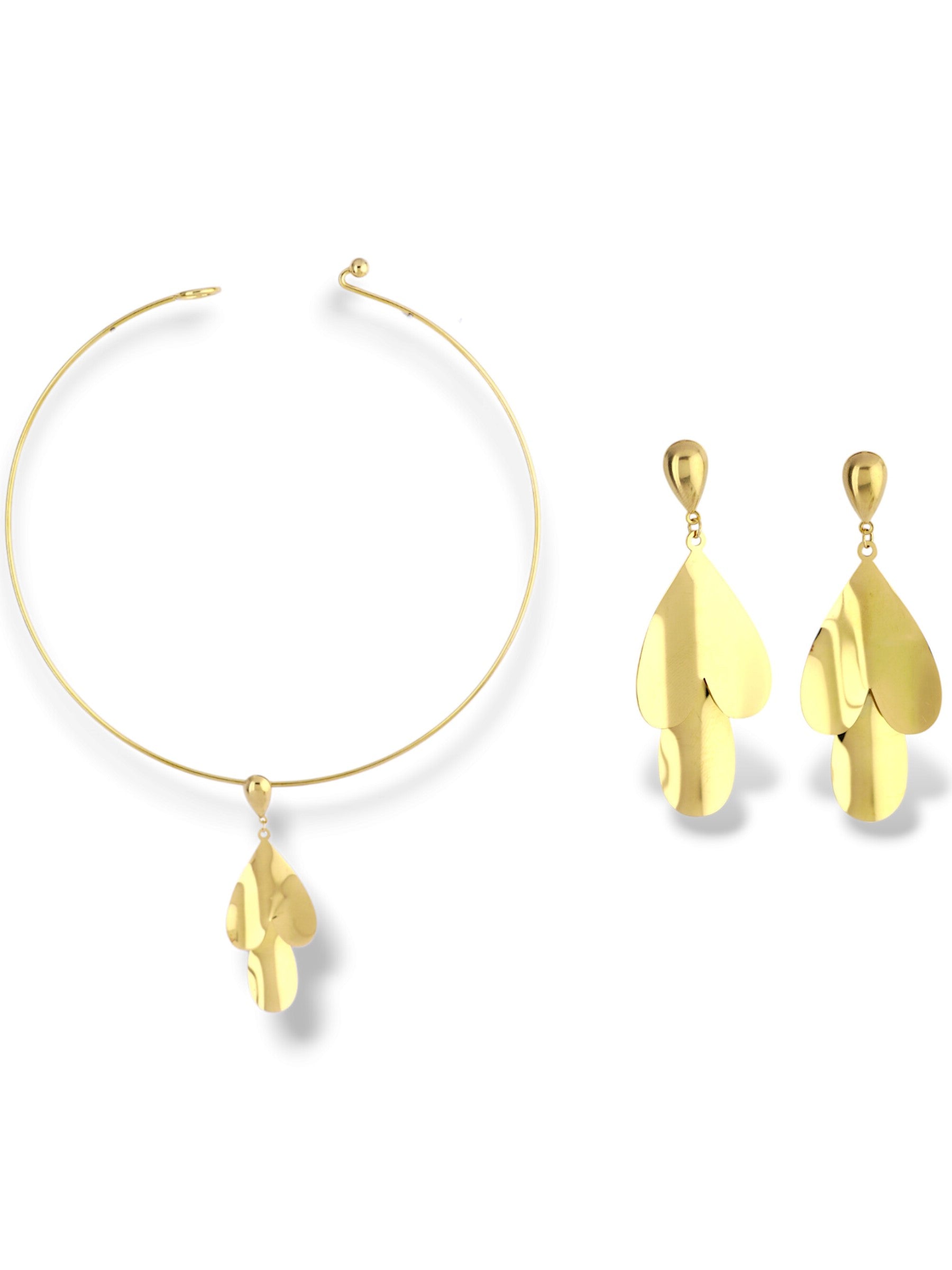 Elegant Gold Petal Pendant Necklace and Earring Set