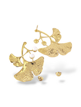 Gold Leaf Drop Earrings with Pearl Accents