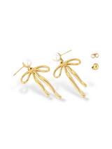 Gold Bow Ribbon Earrings with Elegant Pearl Studs