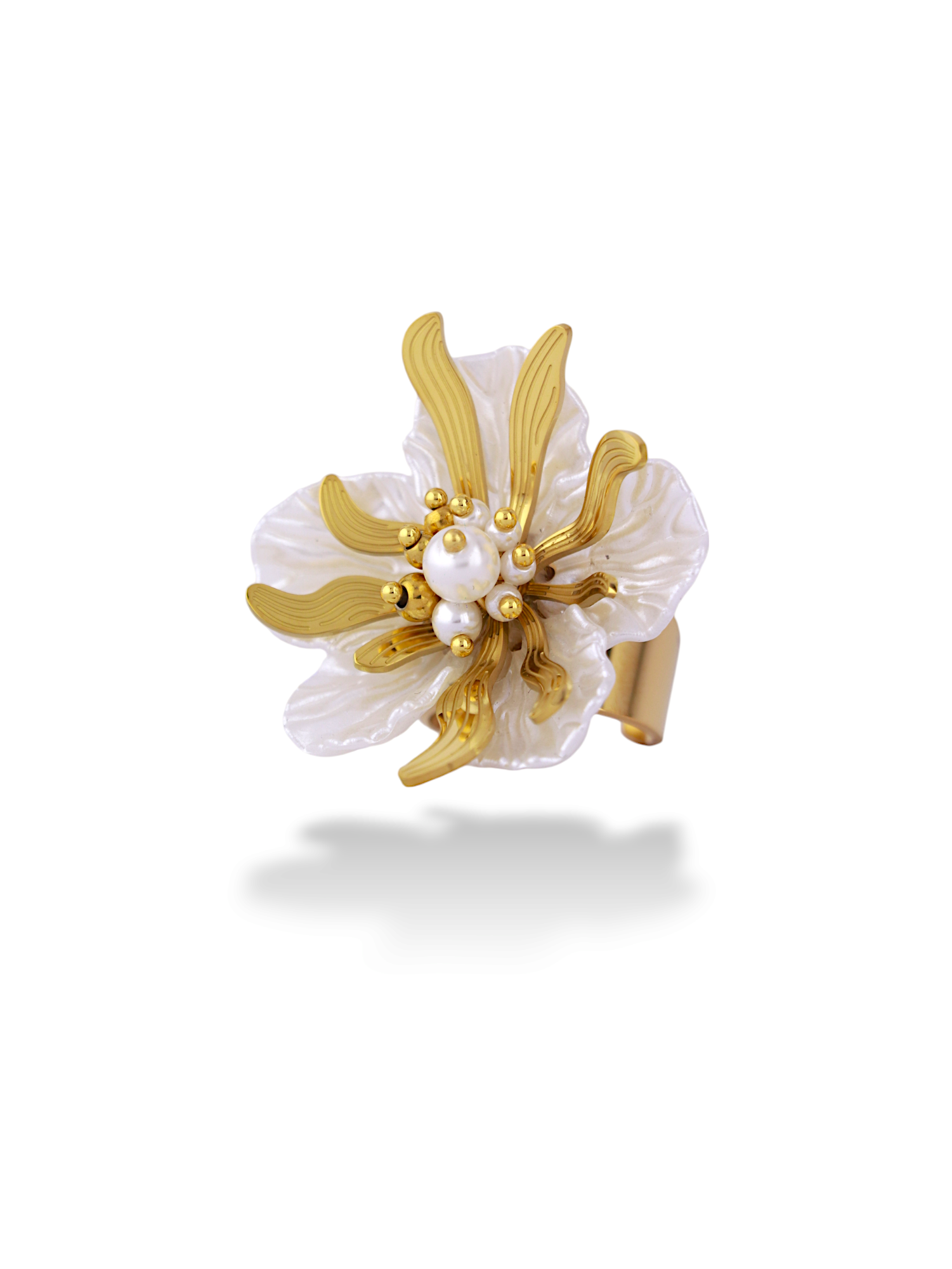 Elegant White and Gold Flower Adjustable Ring