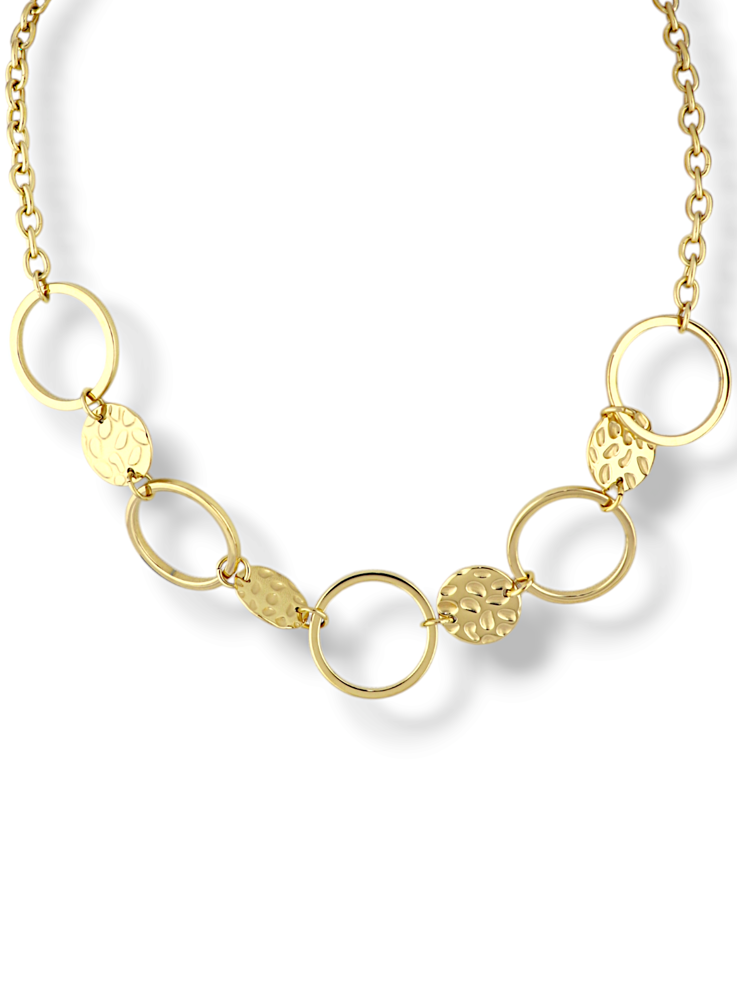 Gold Sunburst Textured Disc & Ring Link Necklace