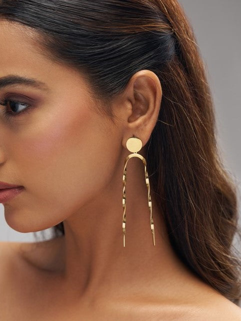 Long Gold Wave Drop Stud Earrings with Soft Flow Shape