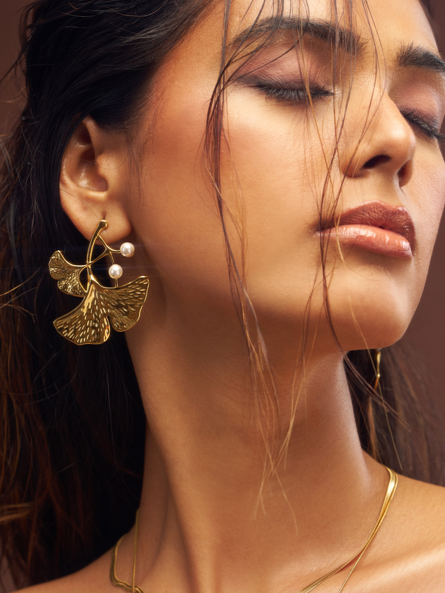 Gold Leaf Drop Earrings with Pearl Accents