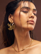 Gold Leaf Drop Earrings with Pearl Accents