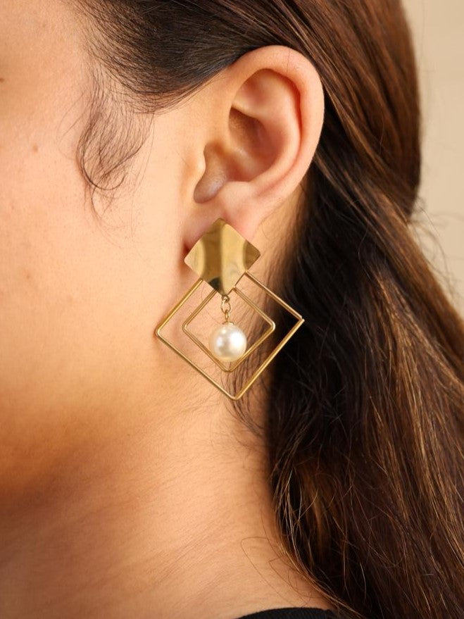 Cross Frame Pearl Drop Earrings