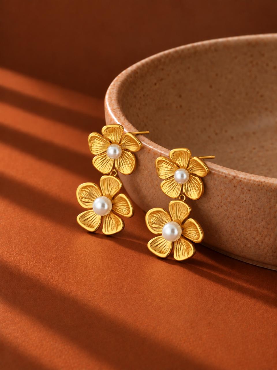 Double Bloom Pearl Drop Earrings