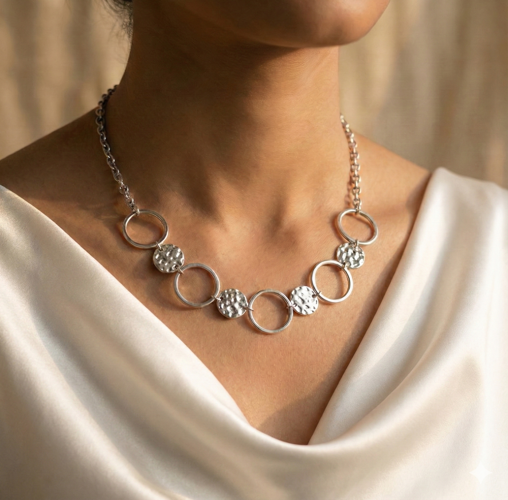 Gold Sunburst Textured Disc & Ring Link Necklace