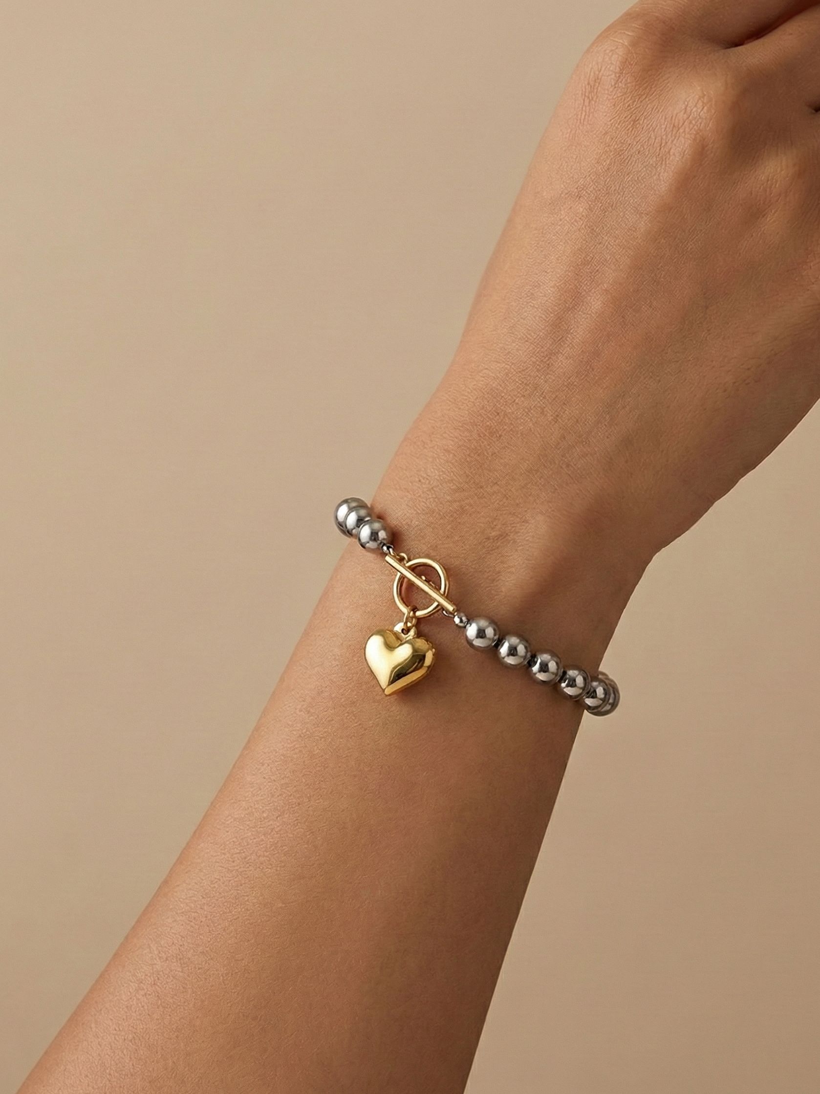 Silver Dotted Bracelet with Gold Heart Charm