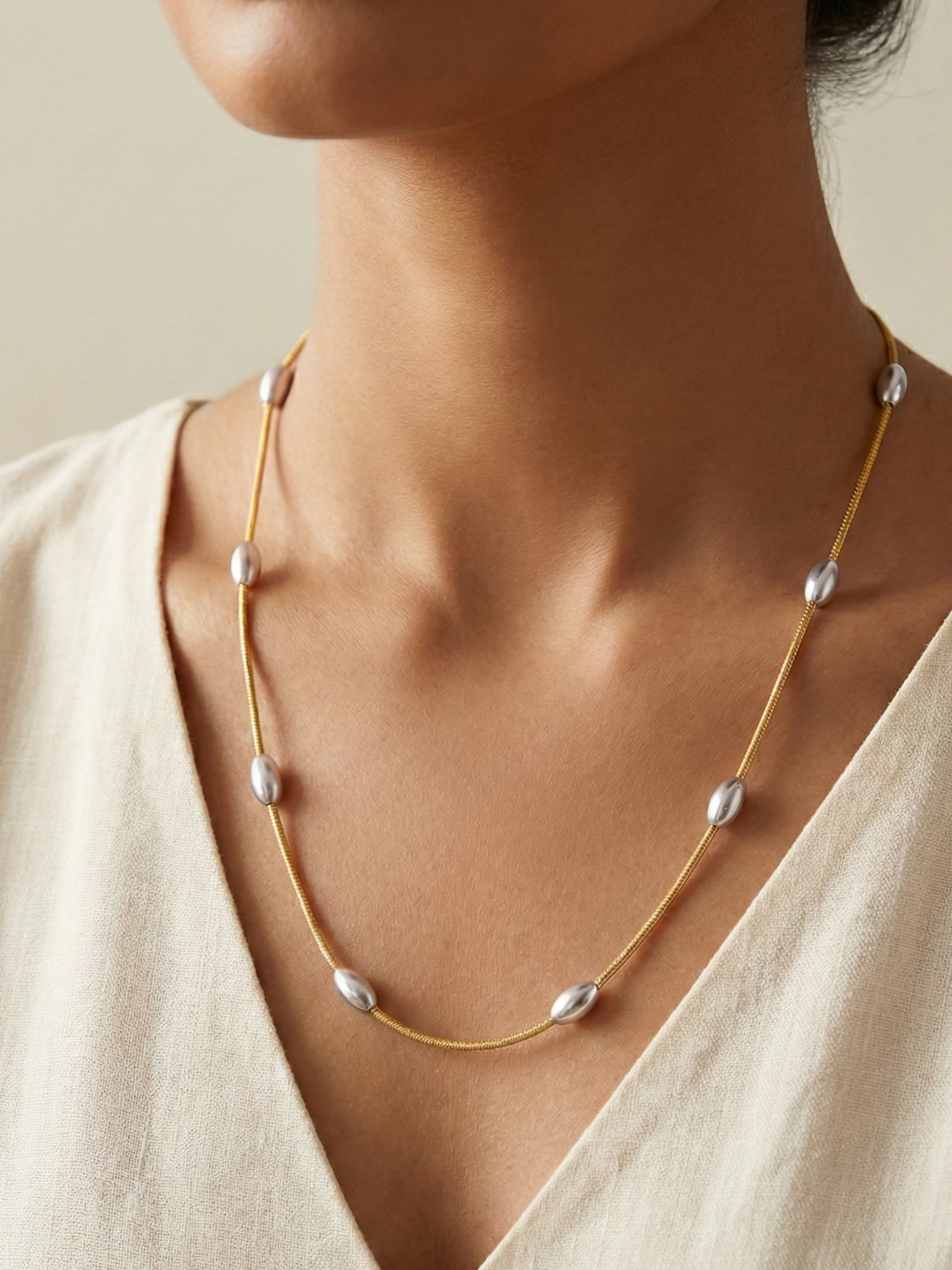 Necklace with Silver Beads Gold Finish