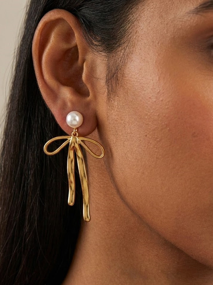 Gold Bow Ribbon Earrings with Elegant Pearl Studs